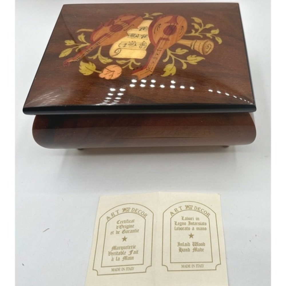 Art Decor Inlaid Wood Music Box Love Story Movie Theme Made‎ in Italy Vintage 18